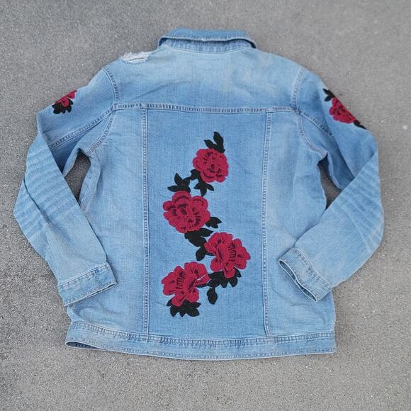 Arizona Jean Company Jackets & Blazers - Arizona Jean Co Distressed Embroidered Roses Jean Denim Jacket